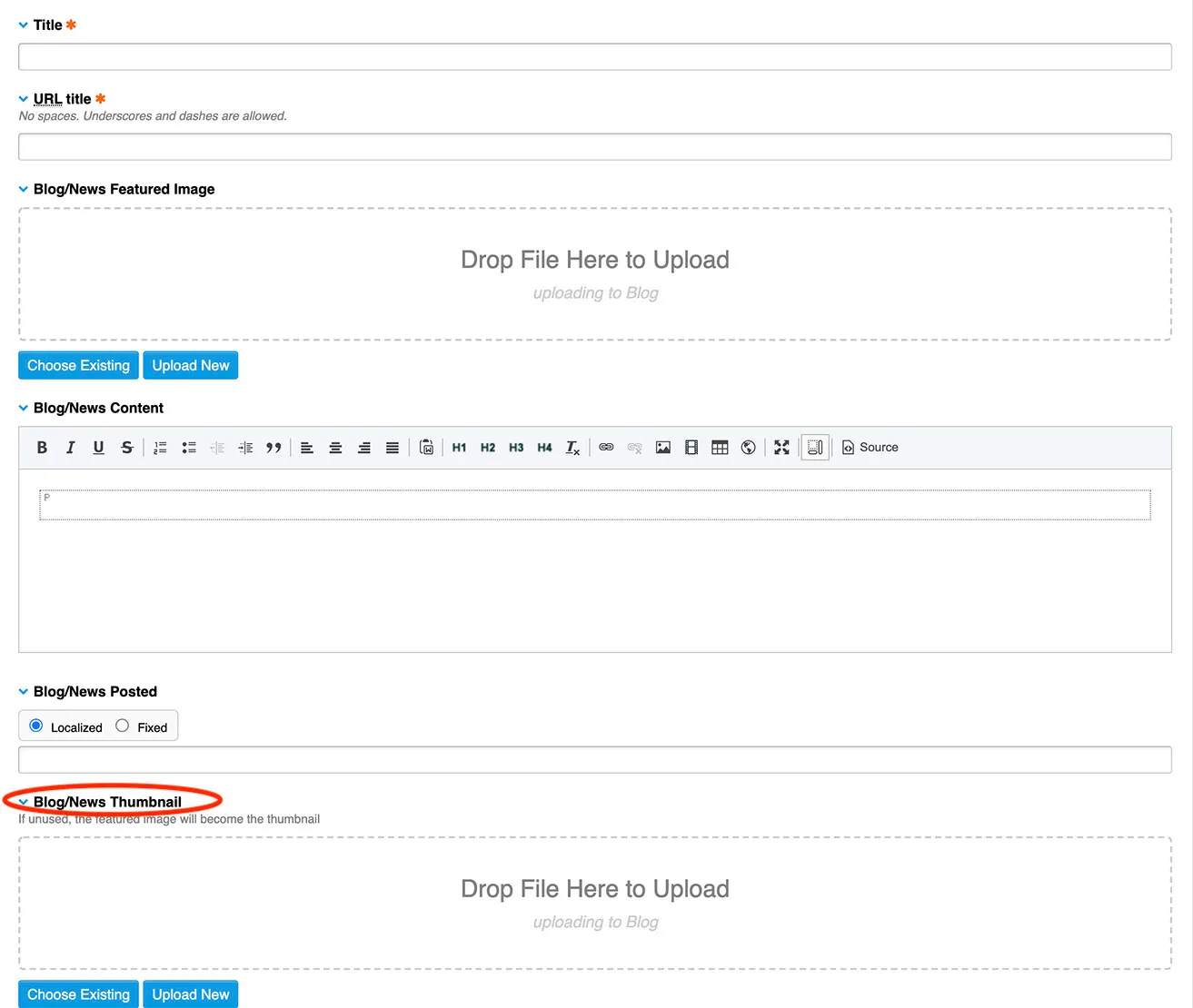 A screenshot showing where to upload the blog's thumbnail. 