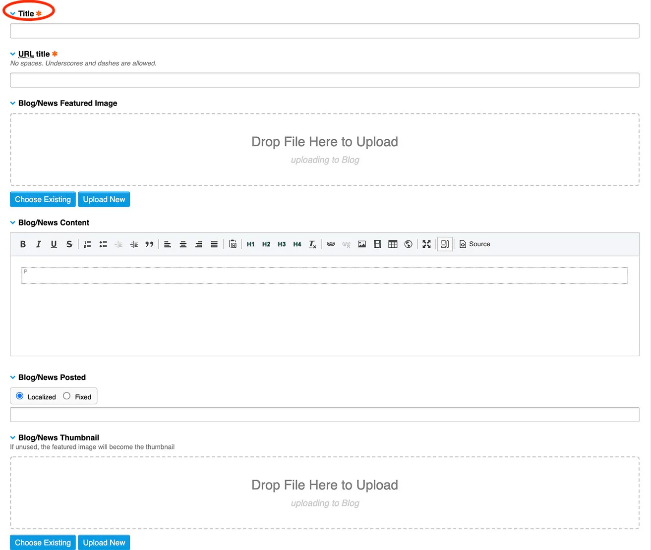 A screenshot showing where to add a blog post title in EE. 