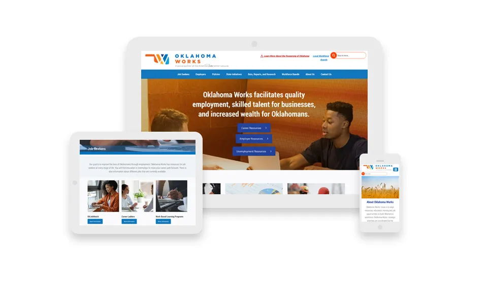 The new website design in Oklahoma City for Oklahoma Works shown on a desktop, tablet, and smartphone. 