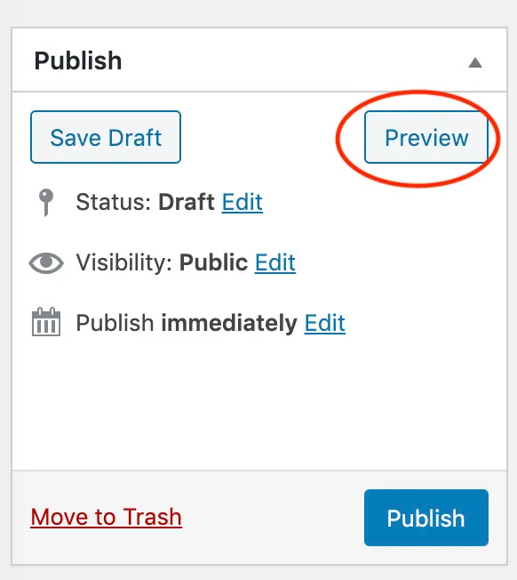 A screenshot showing to click Preview if you want to preview a blog post before publishing it. This button is under on Publish section on the right side of the screen. 