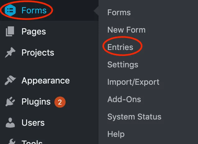 A screenshot showing the WordPress dashboard to select Forms and then Entries in the subnavigation. 