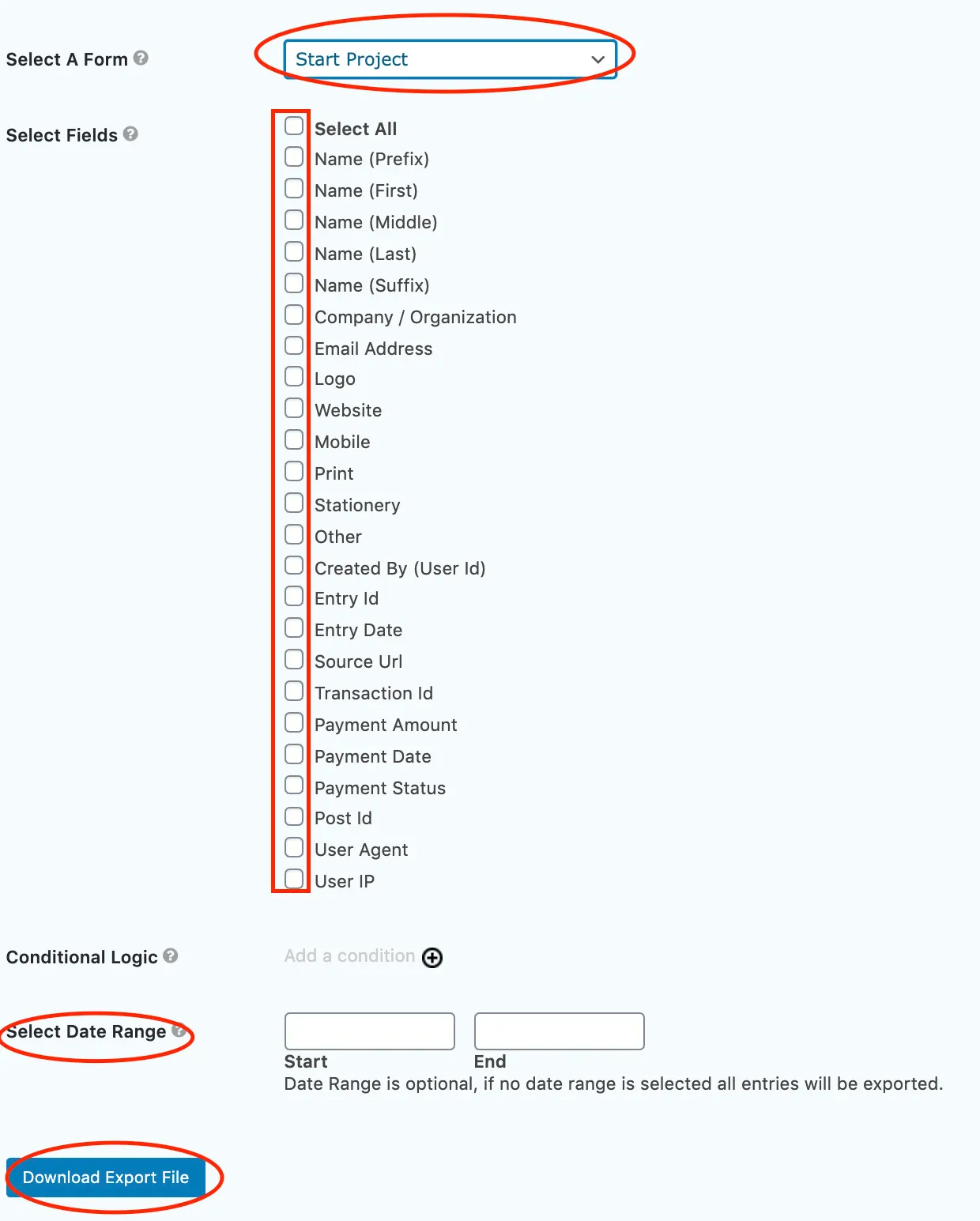A screenshot showing to select a form to export and selecting the field data to be included in the export by checking the box. It also shows to select a specific date range and click Download Export File. 
