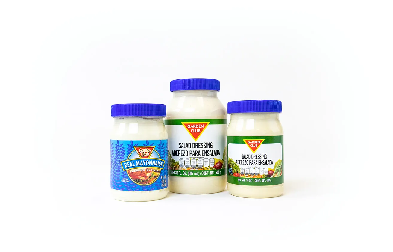 Why You Need OKC Commercial Photography - myheartcreative Two bottles of Garden Club salad dressing and one bottle of Garden Club mayonnaise on a white background for a commercial photography OKC session.