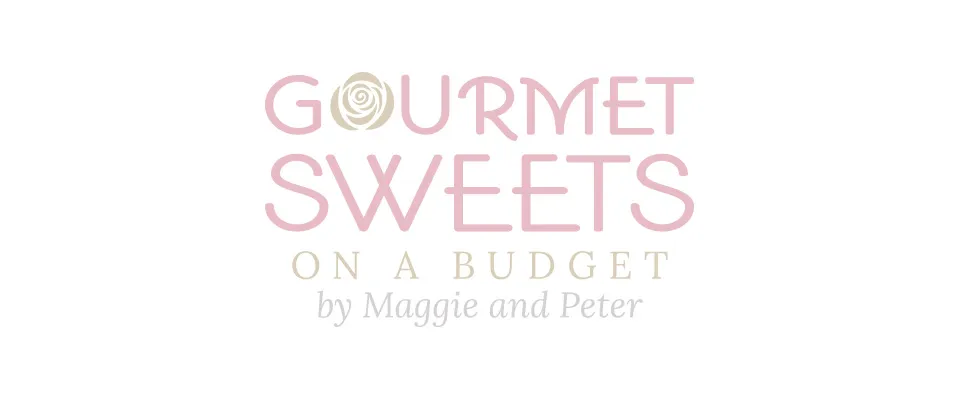 The logo design for Gourmet Sweets On A Budget by Maggie and Peter. The font is a light pink color. 