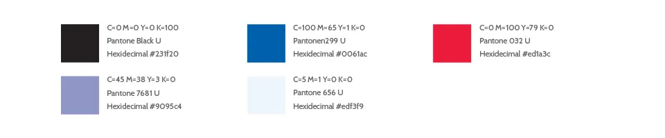 An example of a color palette that is provided to mhc clients. Each color has the CMYK, Pantone, and Hexidecimal codes. 