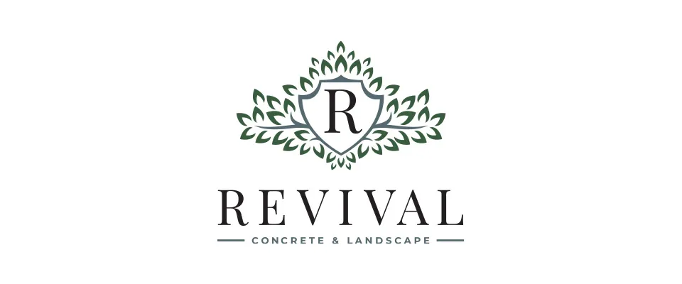 The logo design for Revival Concrete & Landscape. The logo icon has a dark green color. 