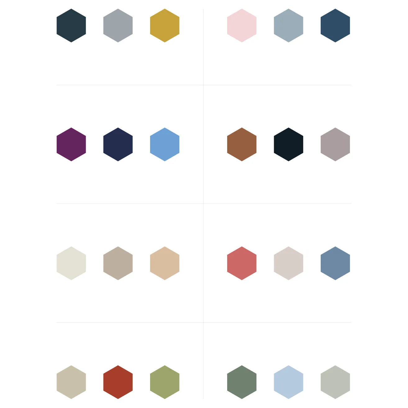 Eight popular color palettes with three colors in each palette, as recommended by an Oklahoma photographer. 