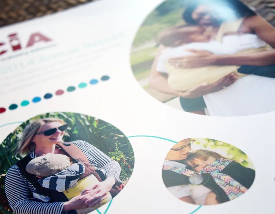 BCIA Designs - myheartcreative A close-up of three photos used in the BCIA booklet design. The images are of mothers carrying infants in infant carriers.