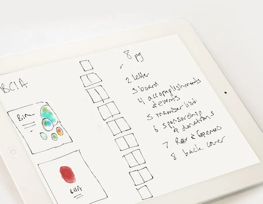 A sketch of the outline for the booklet design for BCIA on an iPad. 