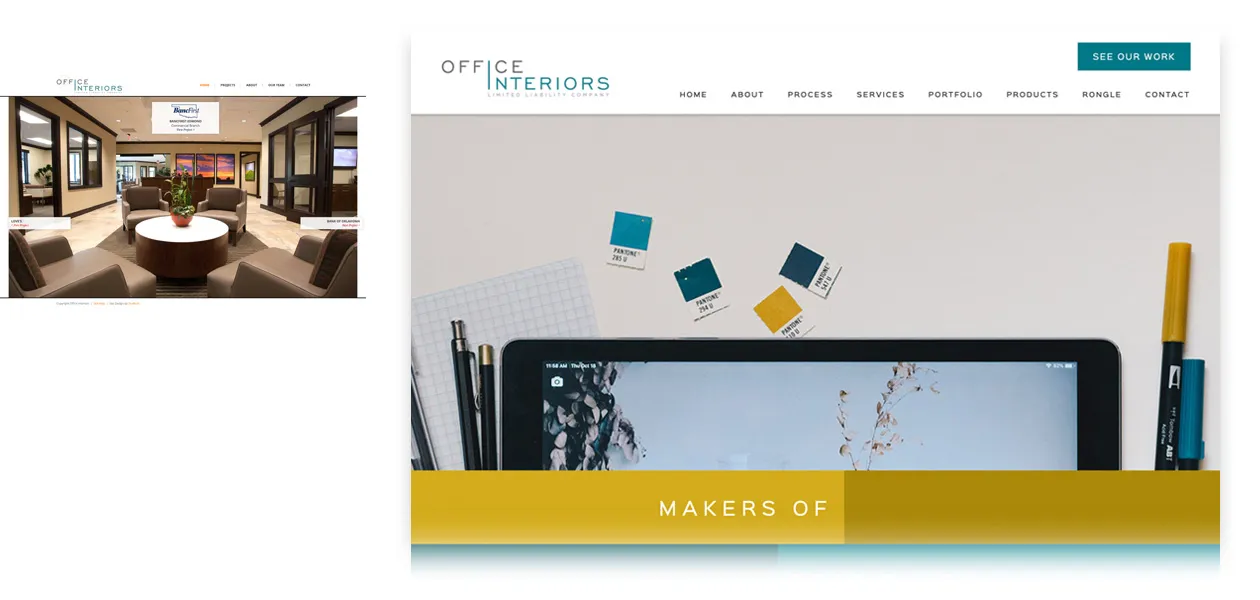 The before and after of the Office Interiors website design. 