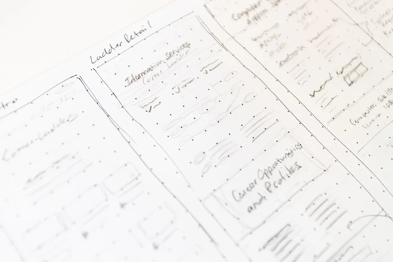A hand-drawn sketch of a website design concept. 