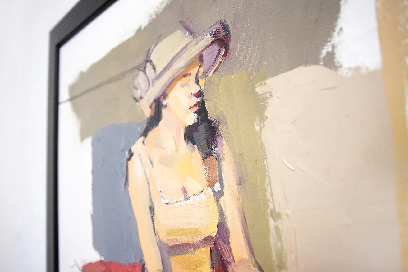 A painting of a woman wearing a large hat, created by Behnaz Sohrabian. 
