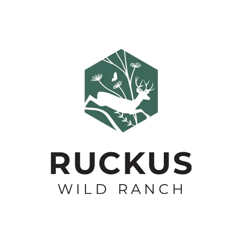 The logo Design OKC for Ruckus Wild Ranch. The logo icon has a clean, simple design with a deer running through flowers. 