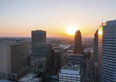 The Oklahoma City downtown skyline at sunset.