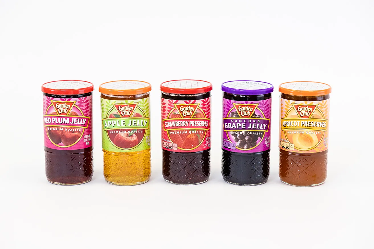 A product image of 5 jars of Garden Club jelly for their OKC web design. 