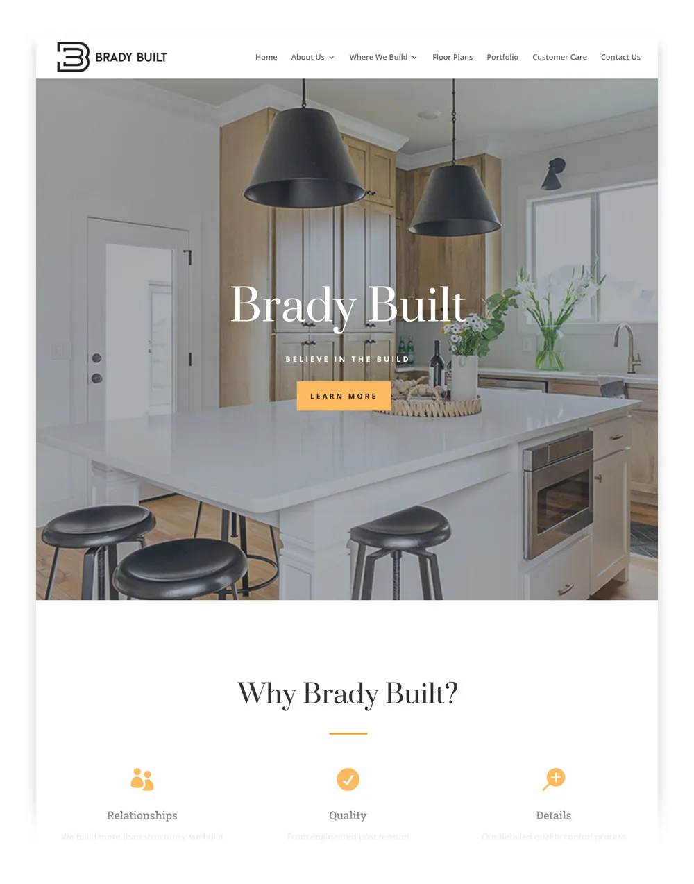The OKC web design for Brady Built Homes. The design utilizes ample white space to easily navigate users throughout the site. 