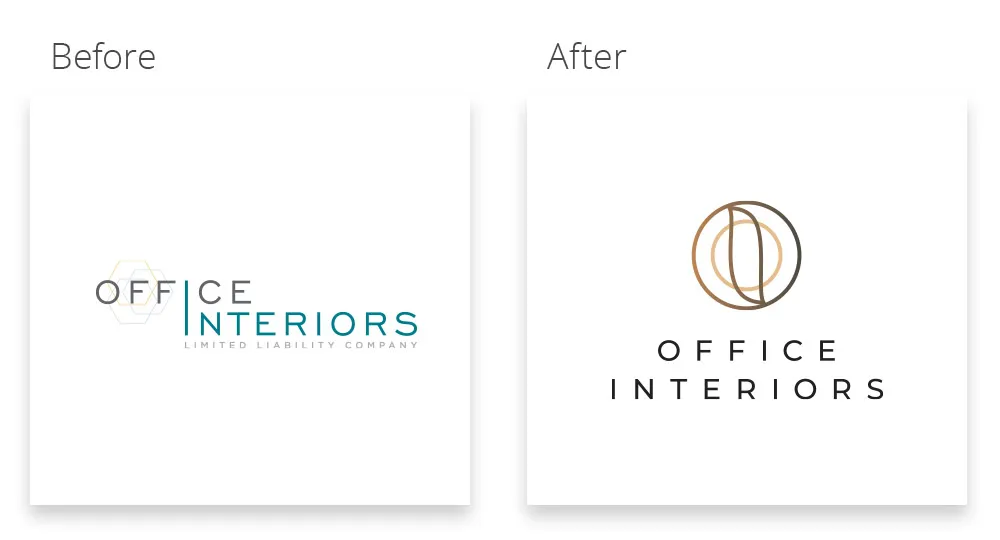The Case for NOT Redesigning Your Logo - myheartcreative The before and after of the Office Interior logos. The before logo focuses more on text elements, while the new logo has an abstract icon.