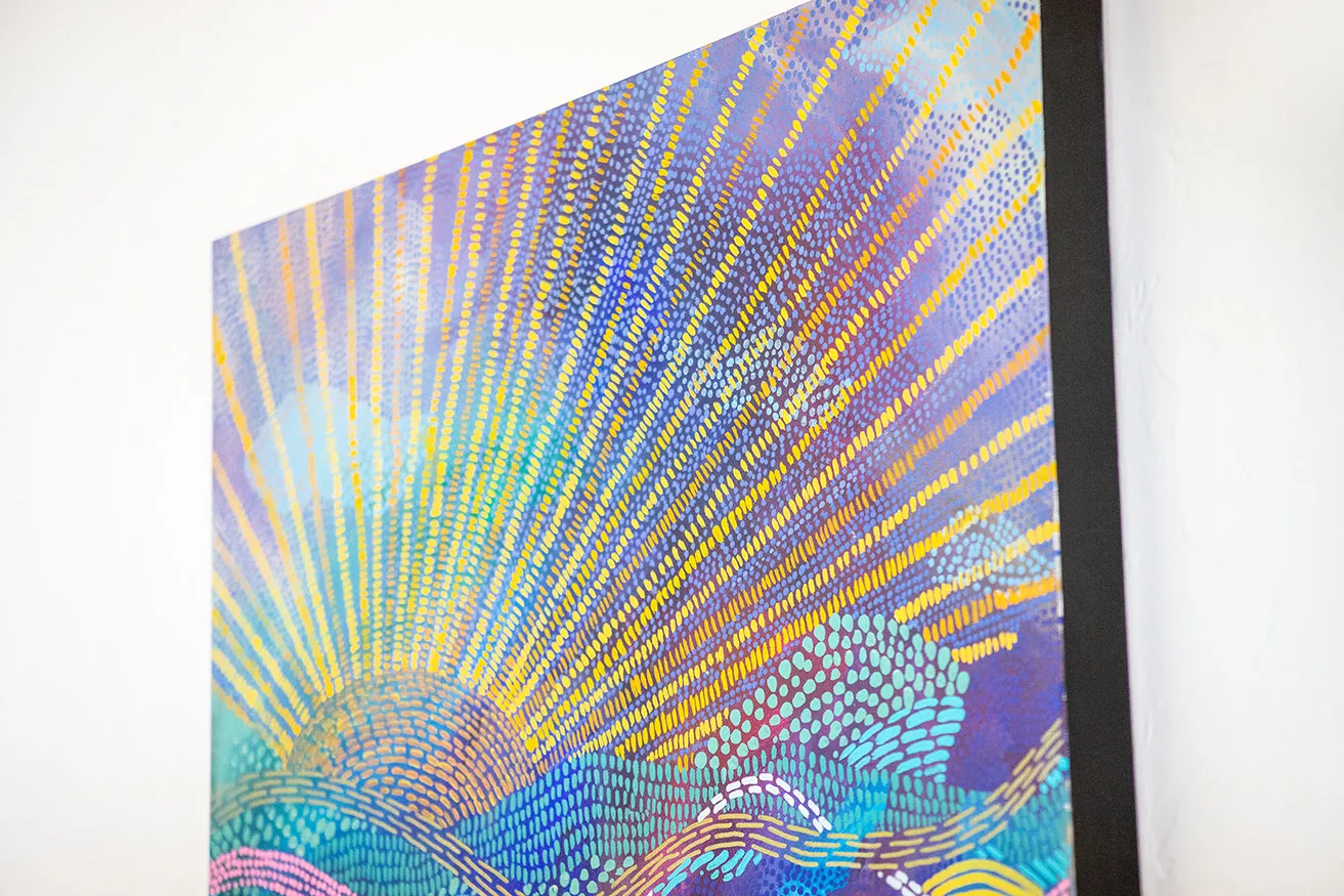 Environment, Time, and Emotion - myheartcreative A colorful, abstract landscape painting by Faye Miller hanging on a studio wall.