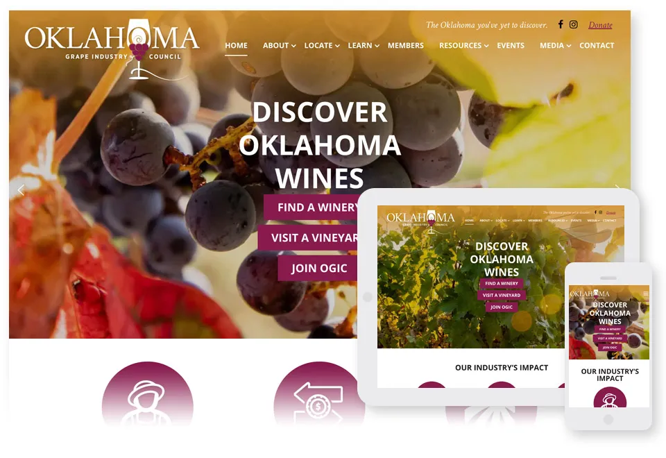 The responsive website design for the Oklahoma Grape Industry Council on a desktop screen, tablet, and mobile phone. The main header on the homepage says, "Discover Oklahoma Wines" 