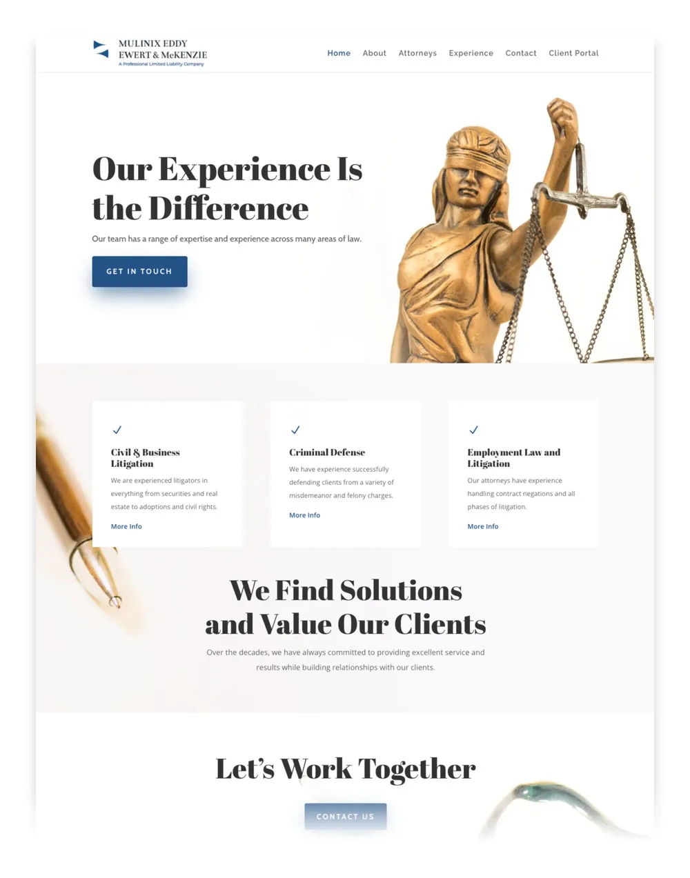 The homepage web design in Dallas for Mulinix Ewert. The page is complete with easily-scannable content and layout for user-friendliness. The main header on the page says, "Our Experience Is the Difference." 