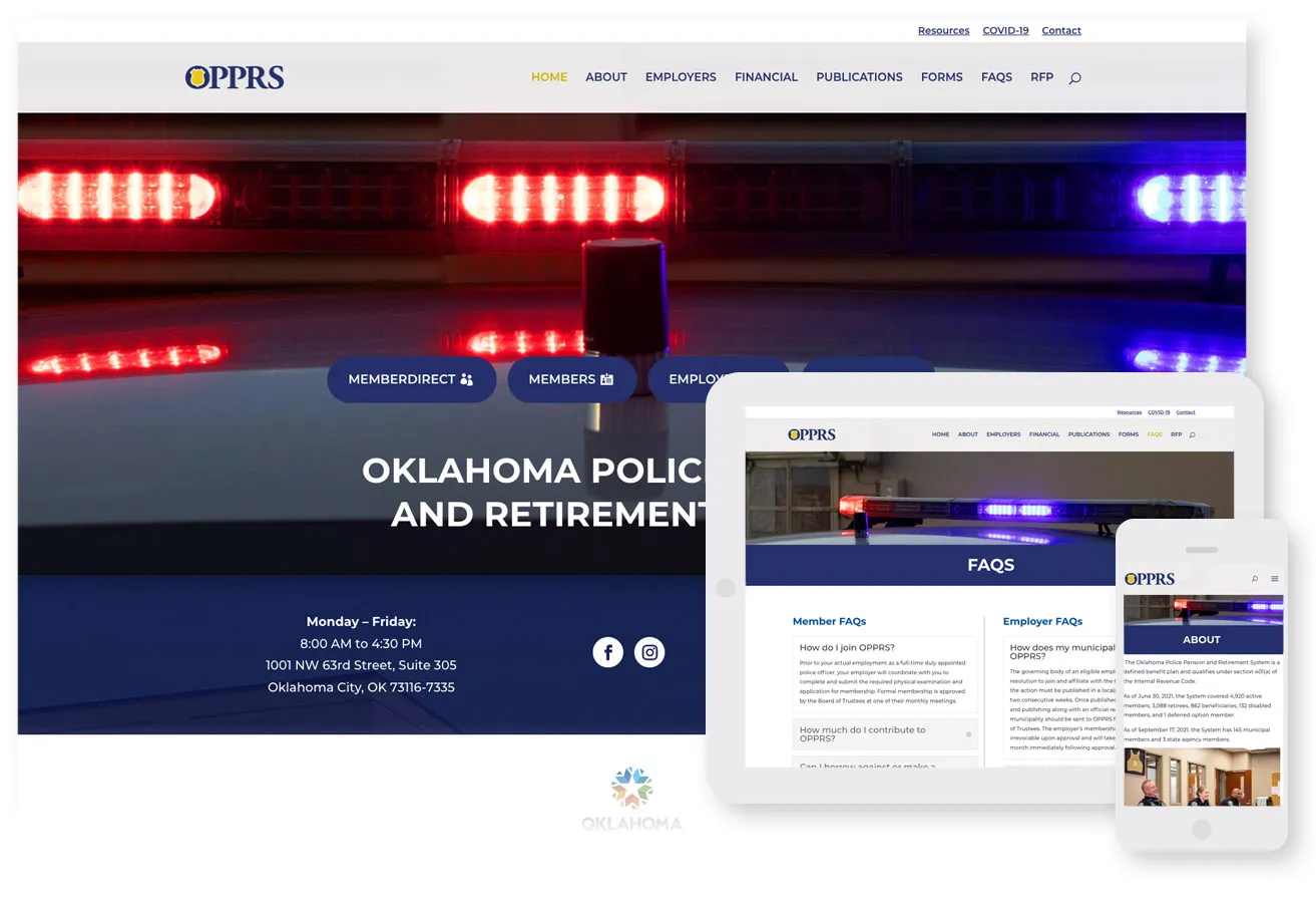 The Dallas web design for OPPRS on a desktop, tablet, and mobile phone view. The tablet view showcases a well-styled FAQ page for users visiting the OPPRS website. 