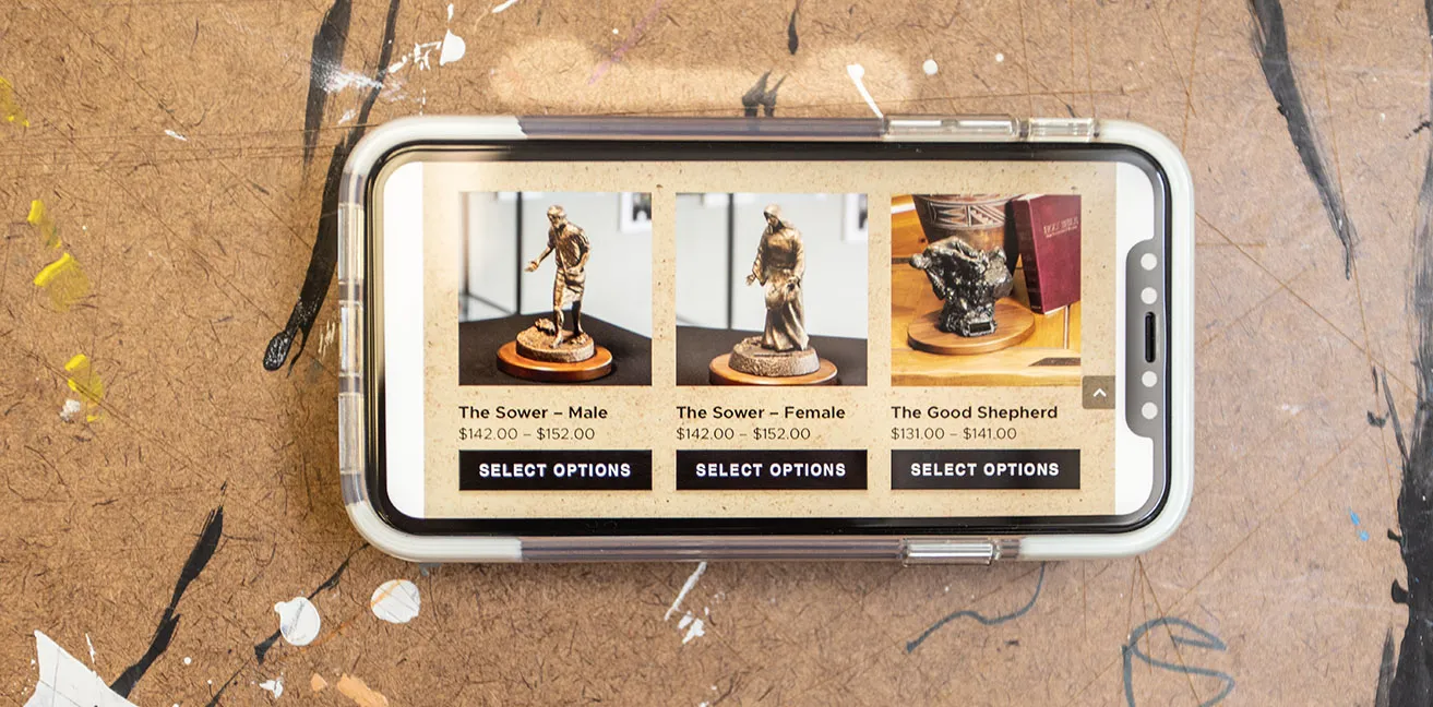 The OKC web design for artist Scott Stearman with a customized shopping cart with various payment options for his sculptures. 