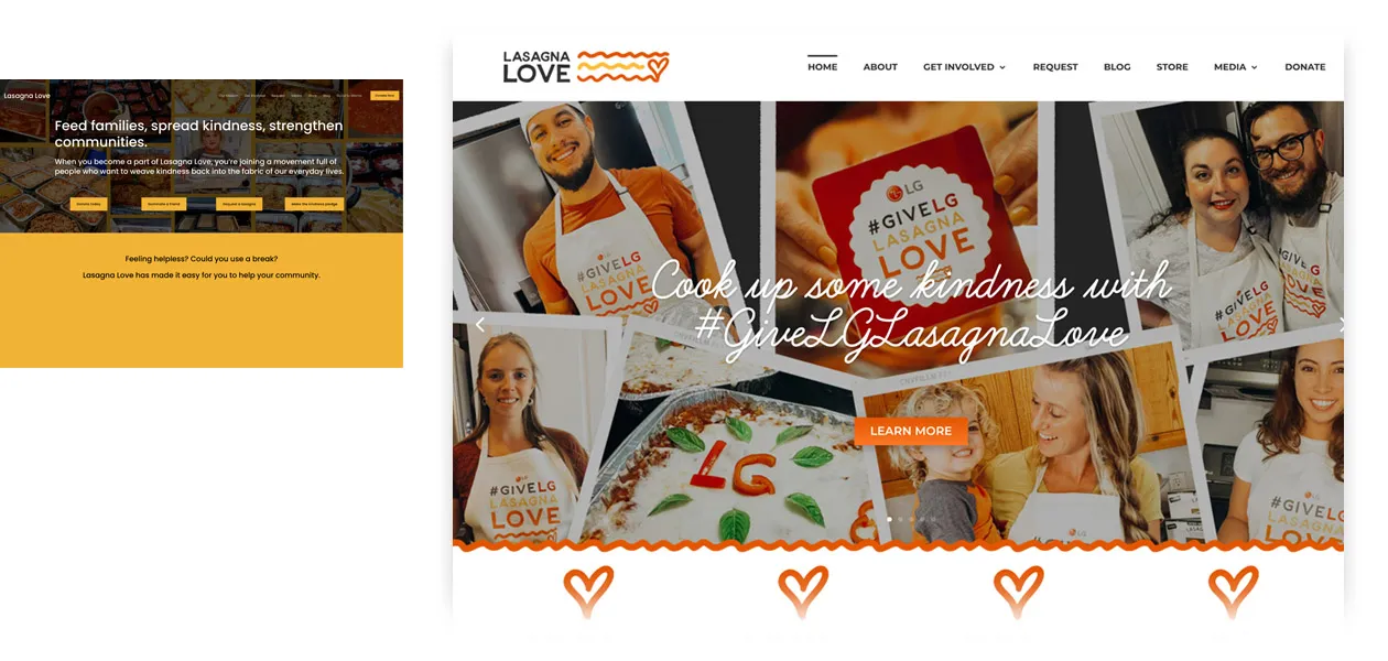 The before and after of the homepage for Lasagna Love's new website. 