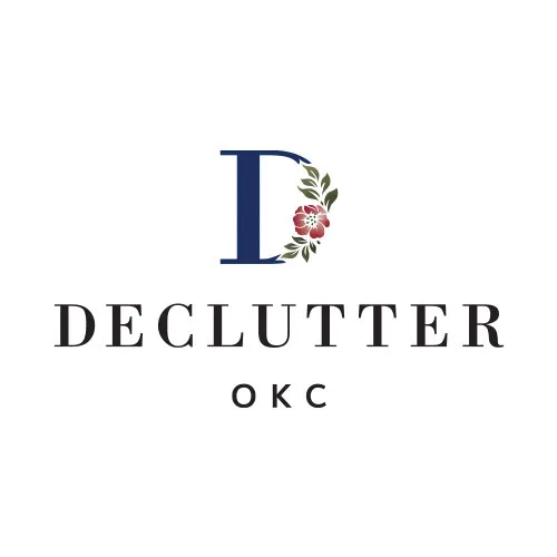 The DeClutter OKC logo, with the logo icon in a navy blue color. 