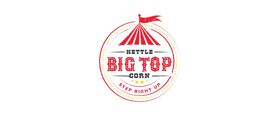 What Is the Future of Logo Design Dallas in 2022? - myheartcreative The logo design for Big Top Kettle Corn with the tagline "Step Right Up." The logo is designed with bright yellow and red colors.