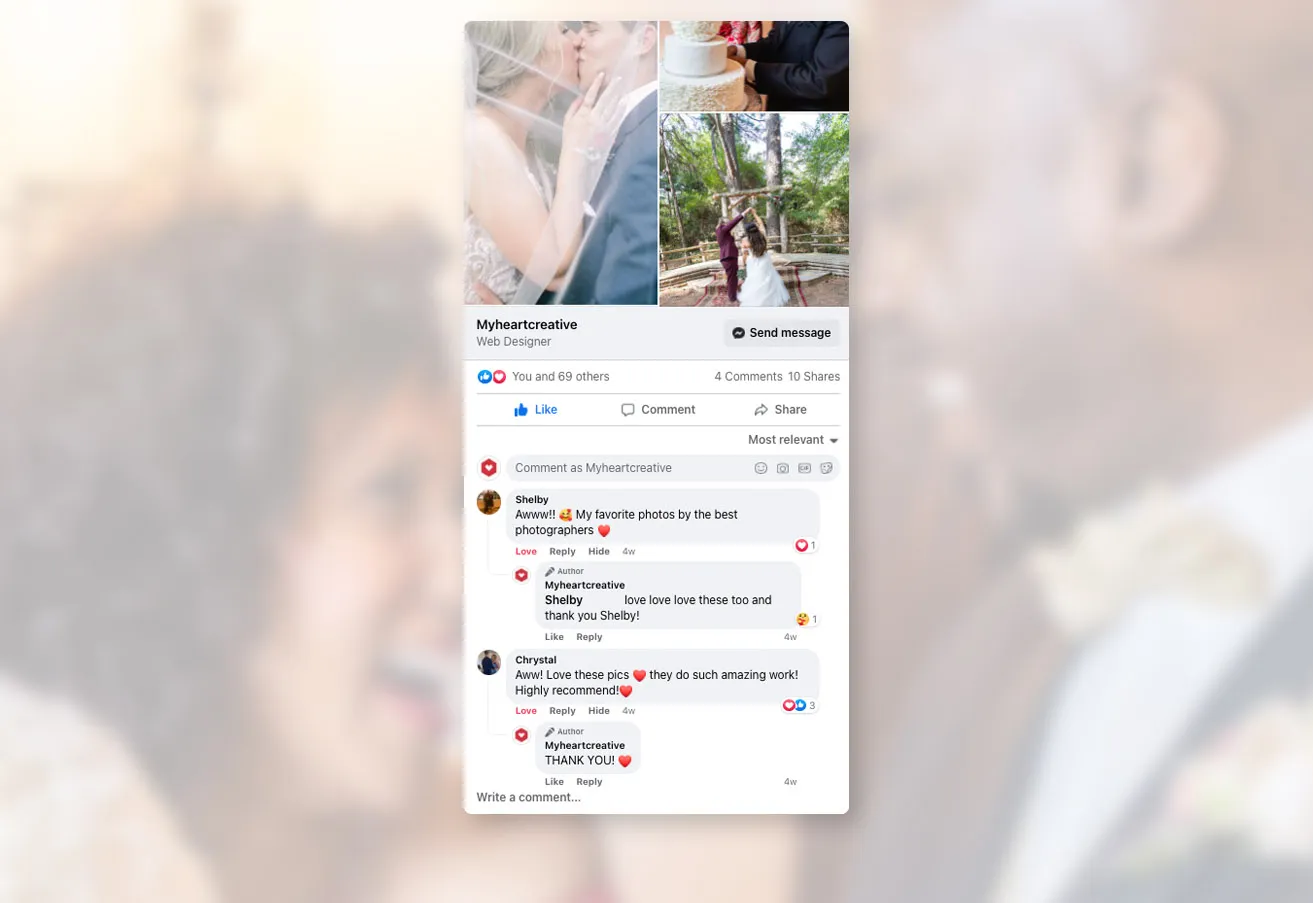 The myheartcreative studio replying to comments on a Facebook post.