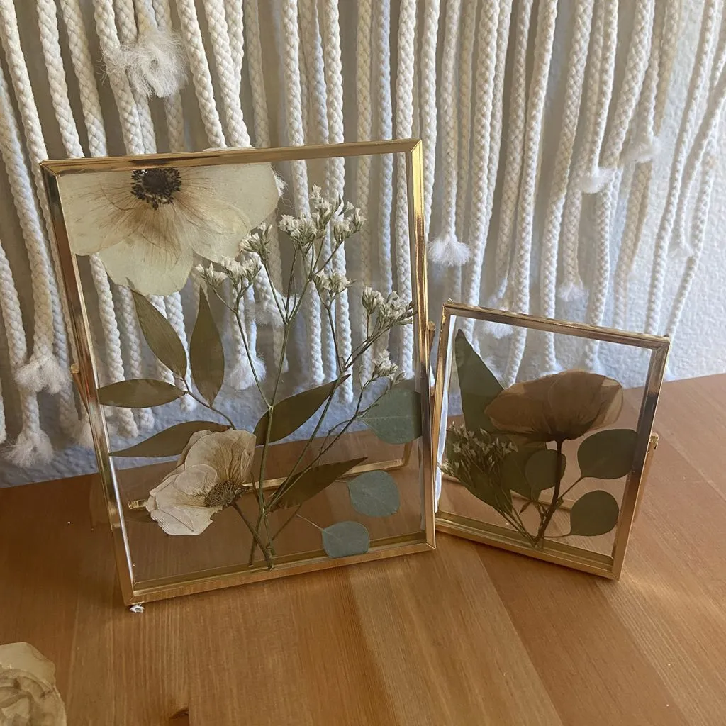 Creative New Things for Our Oklahoma Design Team - myheartcreative Two gold frames holding dried, pressed flowers.
