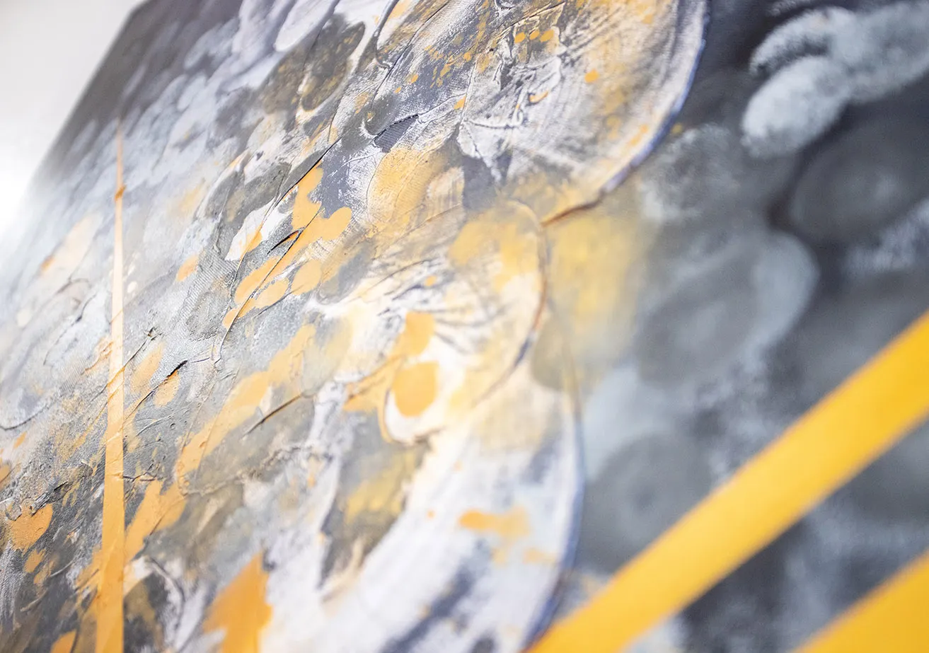 A close-up of a grey and gold painting with ornate texture, as painted by Reshon Shirley. 