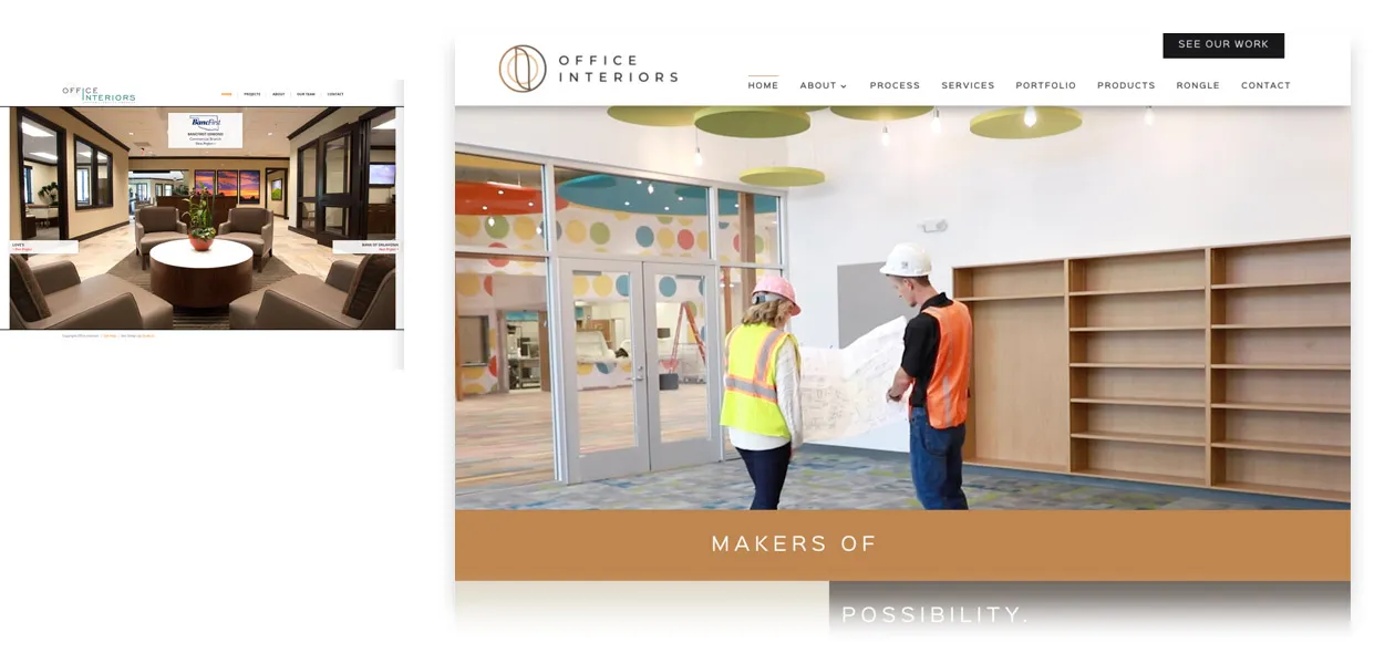 The before and after of the homepage on Office Interior's website design OKC.