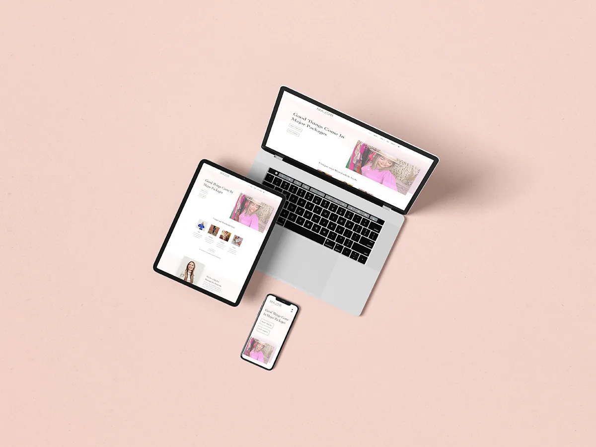 An e-commerce web design in Dallas for Major boutique shown on a laptop, tablet, and smartphone. 