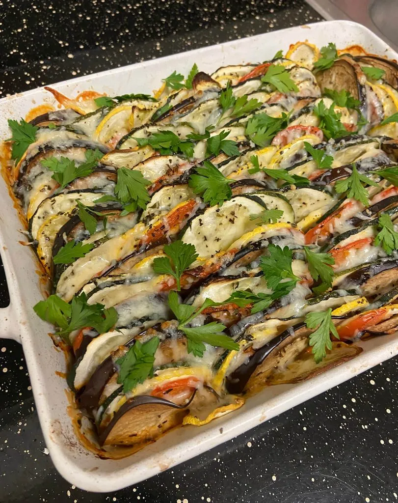 2022: Excelling As An Oklahoma Design Team - myheartcreative Homemade ratatouille in a white casserole dish baked by Kristen.