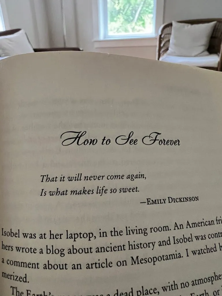 2022: Excelling As An Oklahoma Design Team - myheartcreative A chapter in a book being read by Amy. The title of the chapter is "How to See Forever" and begins with a quote from Emily Dickinson: "That it will never come again, Is what makes life so sweet."