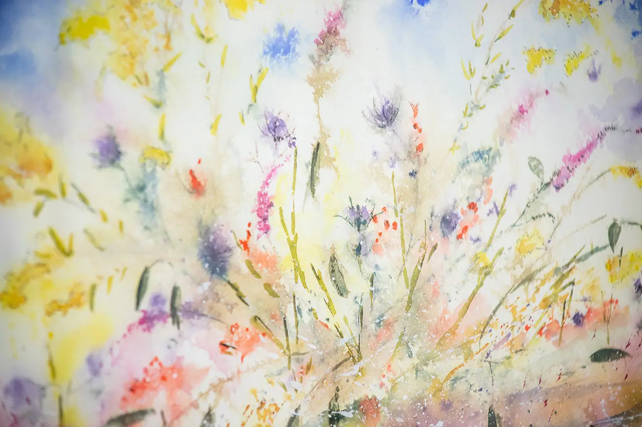 A close-up shot of a floral watercolor piece painted by Deborah Burian. 