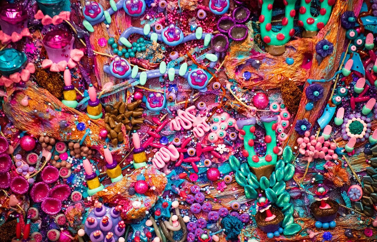 A Vision of Whimsy - myheartcreative An up-close detail shot showcasing the 3D elements of an artwork by Bianca Roland.