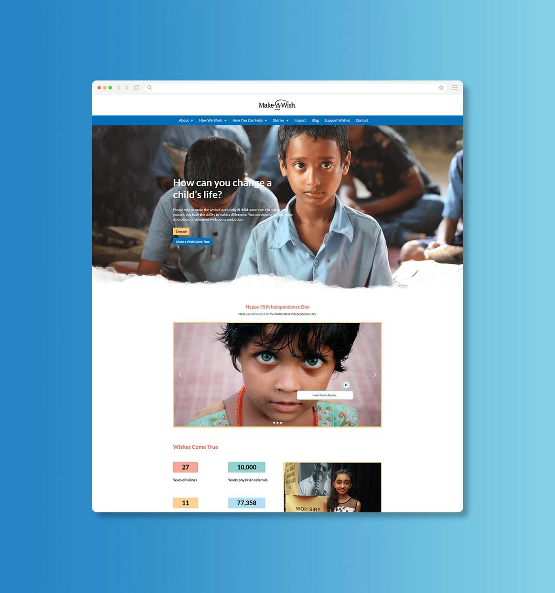 The website homepage for Make-A-Wish India's new website once it has launched. 