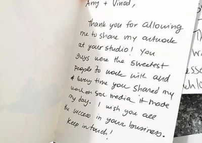 Amy and Vinod, Thank you for allowing me to share my artwork at your studio! You guys are the sweetest people to work with and every time you shared my work on social media it made my day. I wish you all the success in your business. Keep in touch! Katelynn