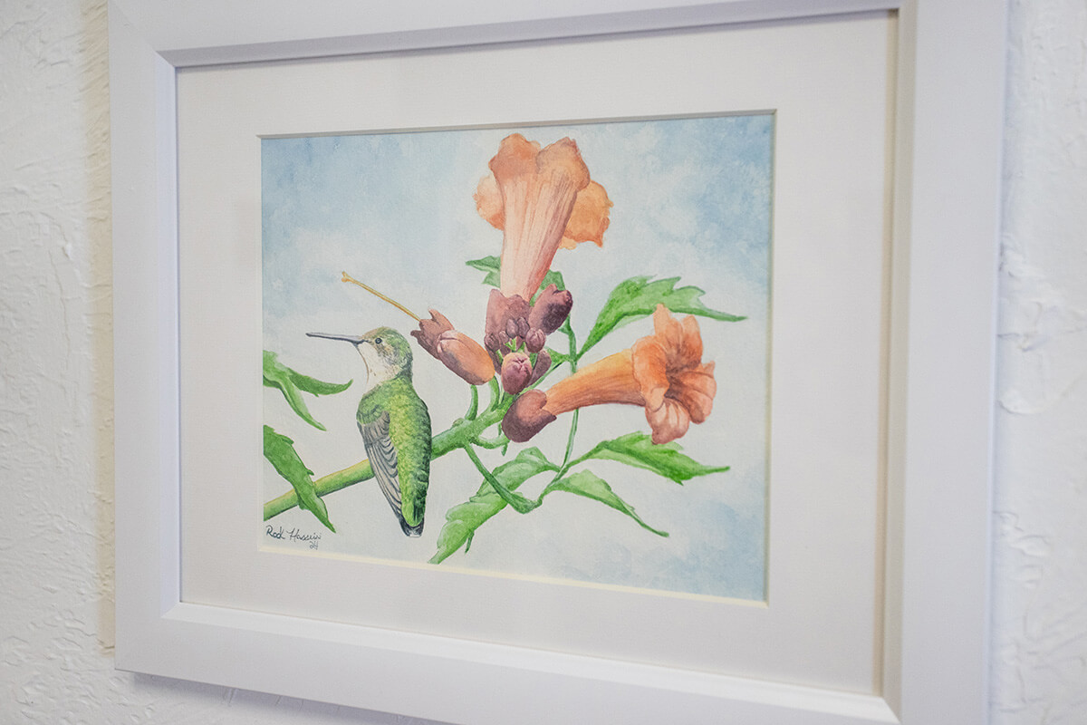 A watercolor painting by Scarlet Rock Hosseini of a hummingbird next to two pink flowers. 