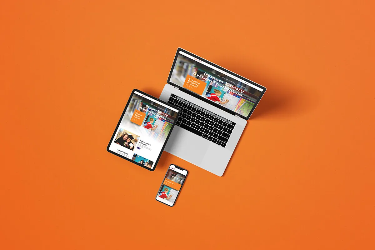 Pioneer Library System Foundation website on laptop, tablet, and phone