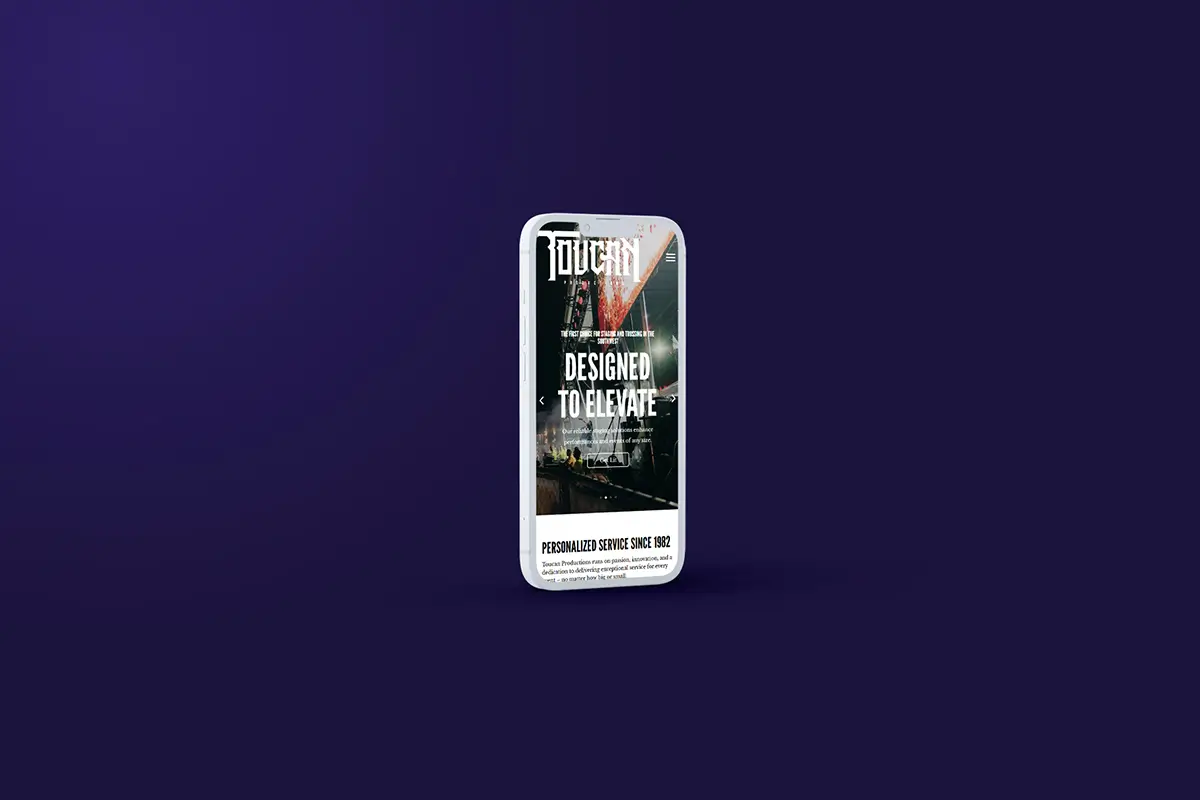Mobile website design displayed on a smartphone mockup against a dark gradient background, showcasing bold typography and modern web design elements for 2026.