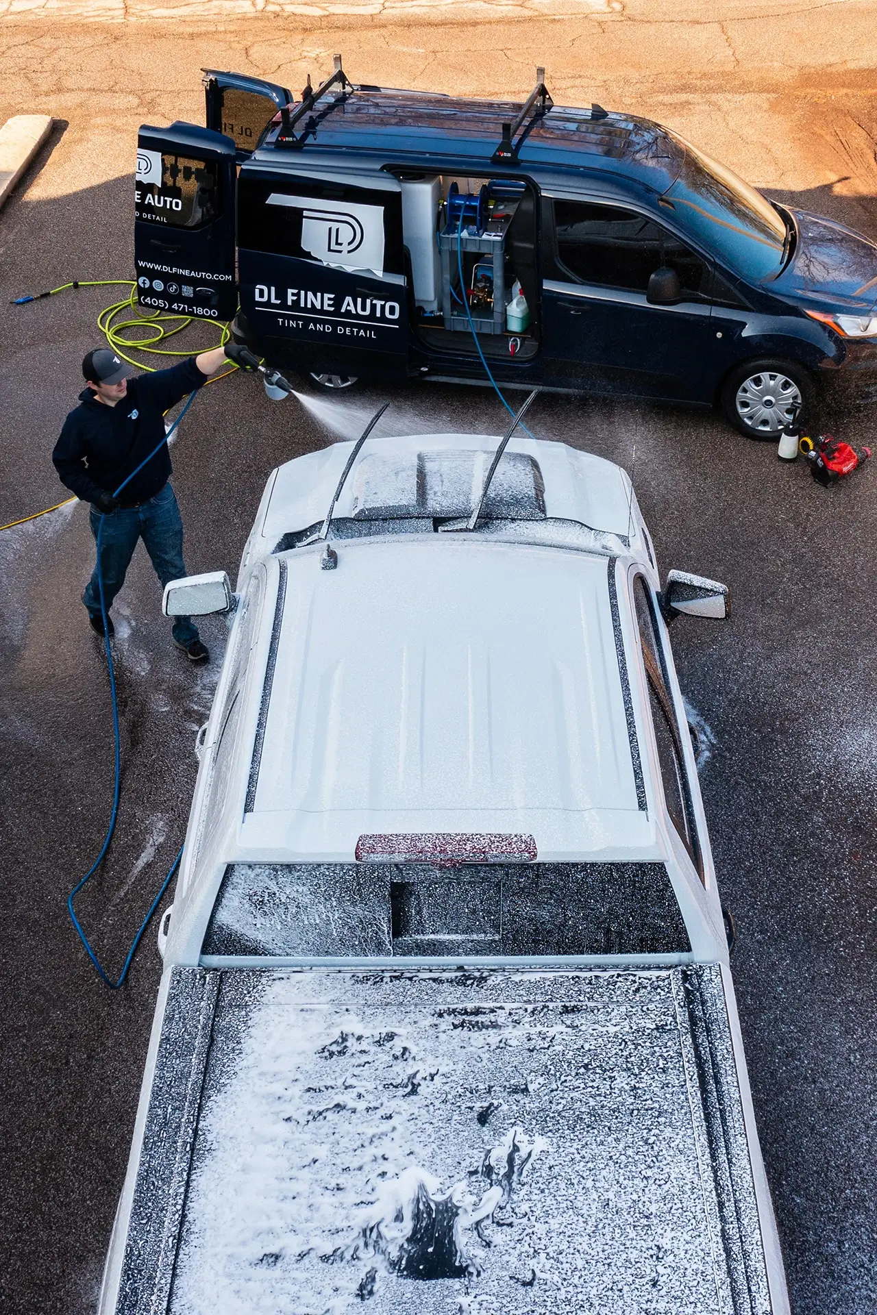 Drone image of mobile detailer washing truck