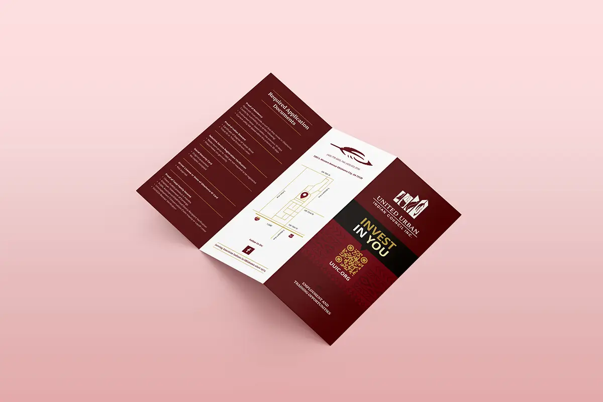 The ROI of Professional Logo Design - myheartcreative A tri-fold brochure for the United Urban Indian Council features a maroon and white design with the text "INVEST IN YOU" and a QR code on a pink background.